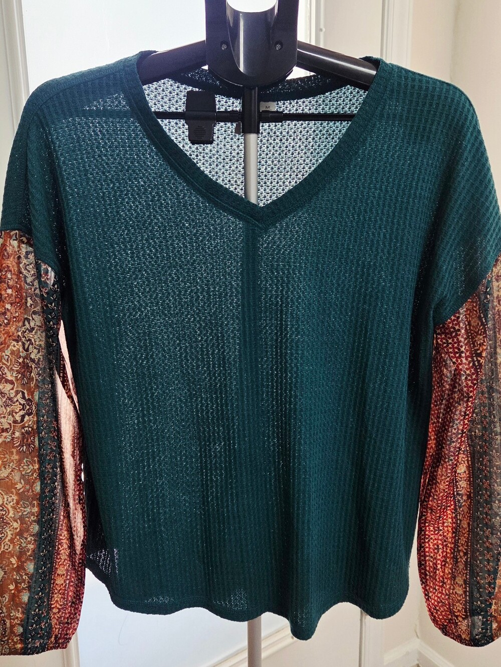 Windsor Teal Green Waffle Knit Top Boho Sheer Paisley Long Sleeve Womens M Mediu